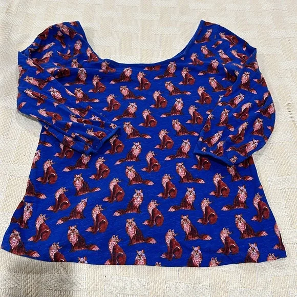 ANTHROPOLOGIE Forest Fete Novelty Fox Print 3/4 Sleeve Top Blue M As Seen On TV - Picture 13 of 13